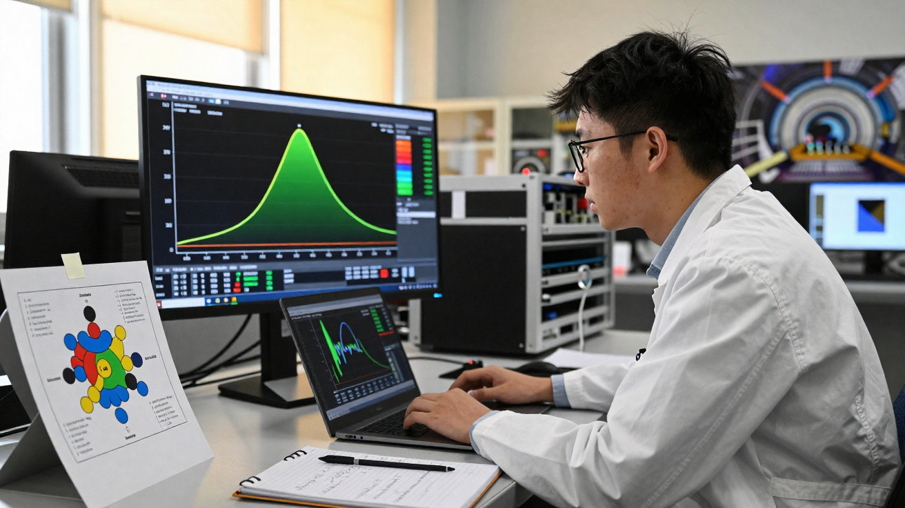 Cientista em bata branca analisa gráficos de dados num computador portátil e monitor num laboratório.