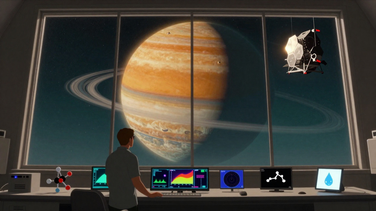 Pessoa numa sala de controlo observa planeta gigante com anéis através de grande janela, com vários ecrãs e satélite.