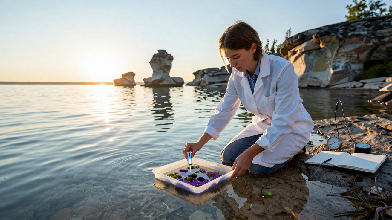 Cientista com bata branca mede parâmetros de plantas marinhas numa caixa na margem de um lago ao pôr do sol.