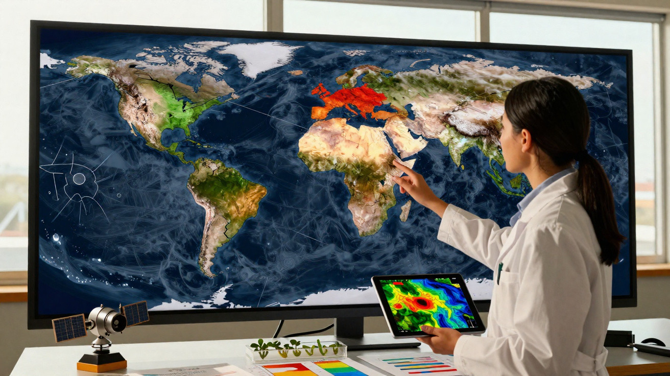Mulher em bata branca aponta para mapa-múndi digital com dados climáticos exibidos em tablet.