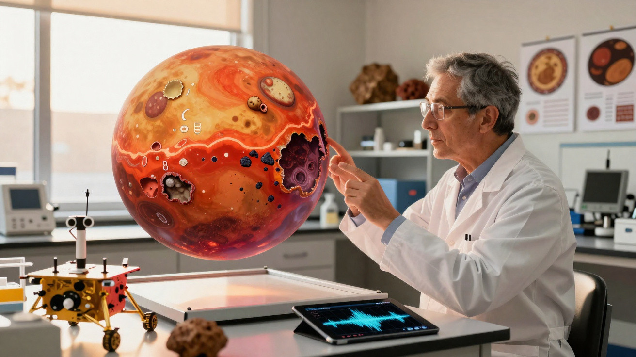 Cientista em laboratório interage com modelo 3D holográfico de planeta vermelho detalhado.