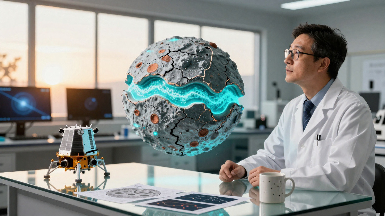 Cientista em laboratório observa modelo futurista flutuante de planeta tecnológico com luz azul.