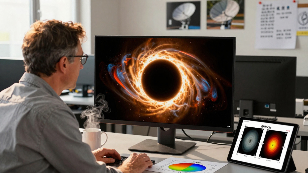 Homem numa secretária a observar imagem de buraco negro no ecrã do computador num escritório moderno.