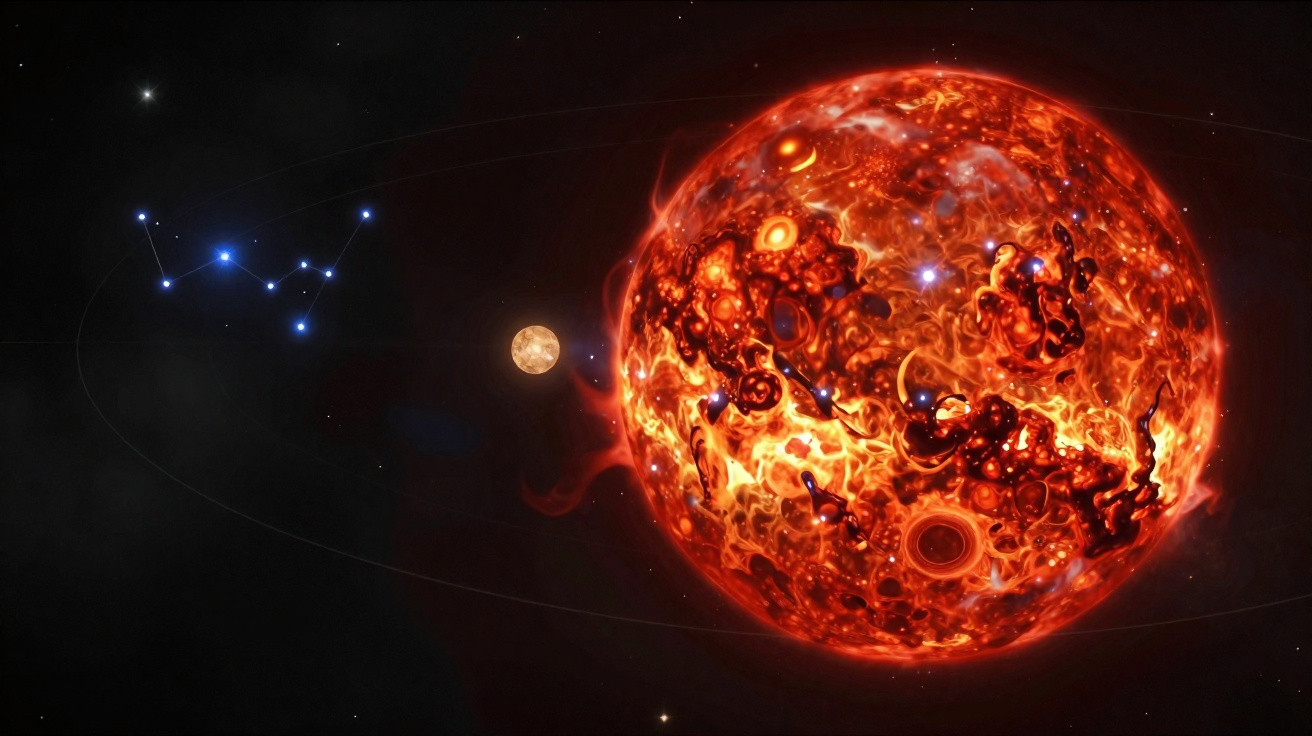 Representação digital do Sol e da Terra com a constelação de Touro visível no espaço escuro.