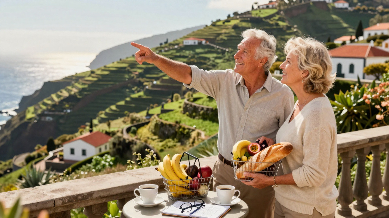 Casal sénior sorridente desfrutando da vista de vinhas em socalcos com cesta de frutas e pão numa varanda.