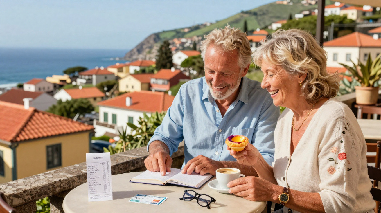 Casal sénior sentado numa esplanada com bebida e pastel de nata, com vista para casas e o mar ao fundo.