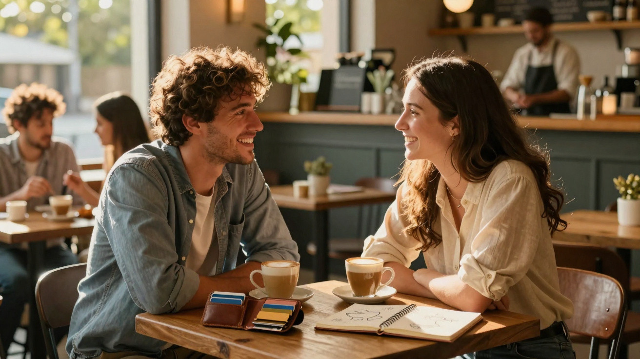 Casal jovem a sorrir e conversar numa mesa de café com desenhos e notas à sua frente.