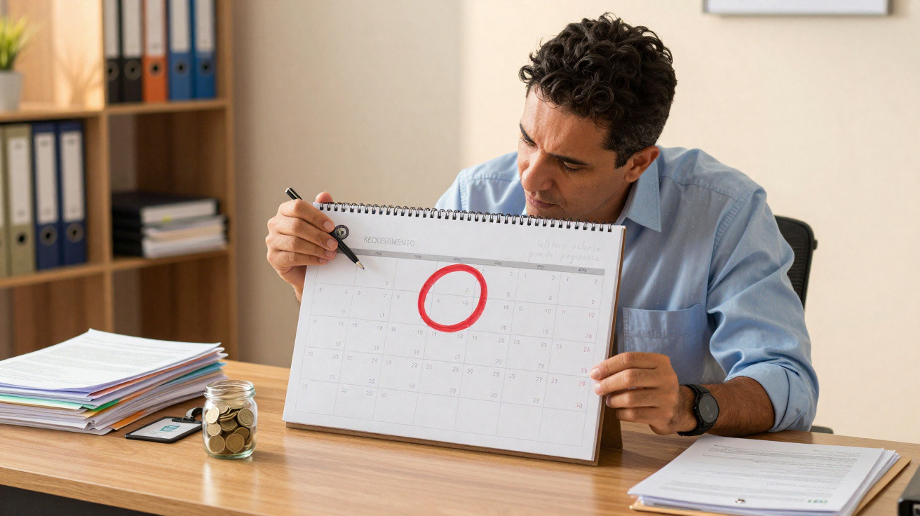 Homem sentado numa mesa com calendário marcado a vermelho, rodeado de documentos e jarra de moedas.