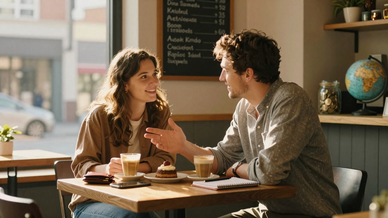 Casal a conversar e tomar café com sobremesa numa mesa de café luminosa e acolhedora.