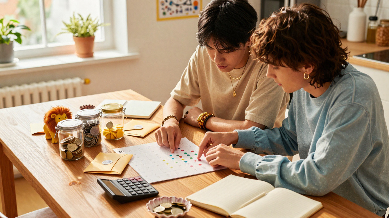 Duas pessoas a planear orçamento doméstico com moedas, cadernos e calculadora numa mesa iluminada.