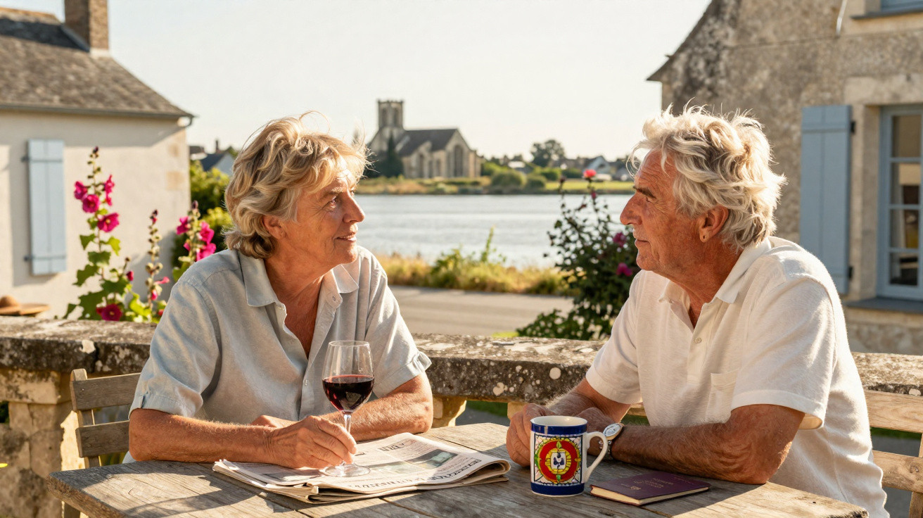 Casal idoso conversa numa mesa ao ar livre com vinho tinto e café, cenário com rio e casas ao fundo.