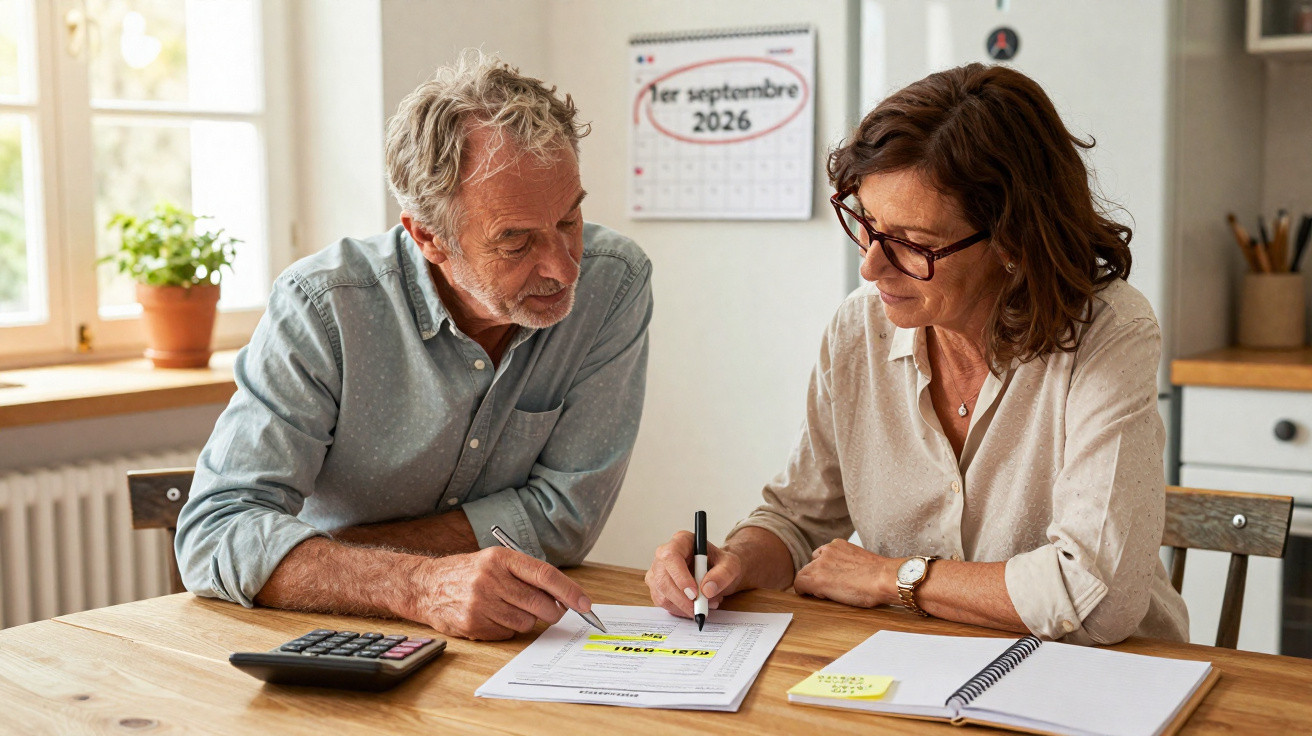 Casal sénior a analisar documentos e calcular finanças numa mesa com calendário de setembro 2026.