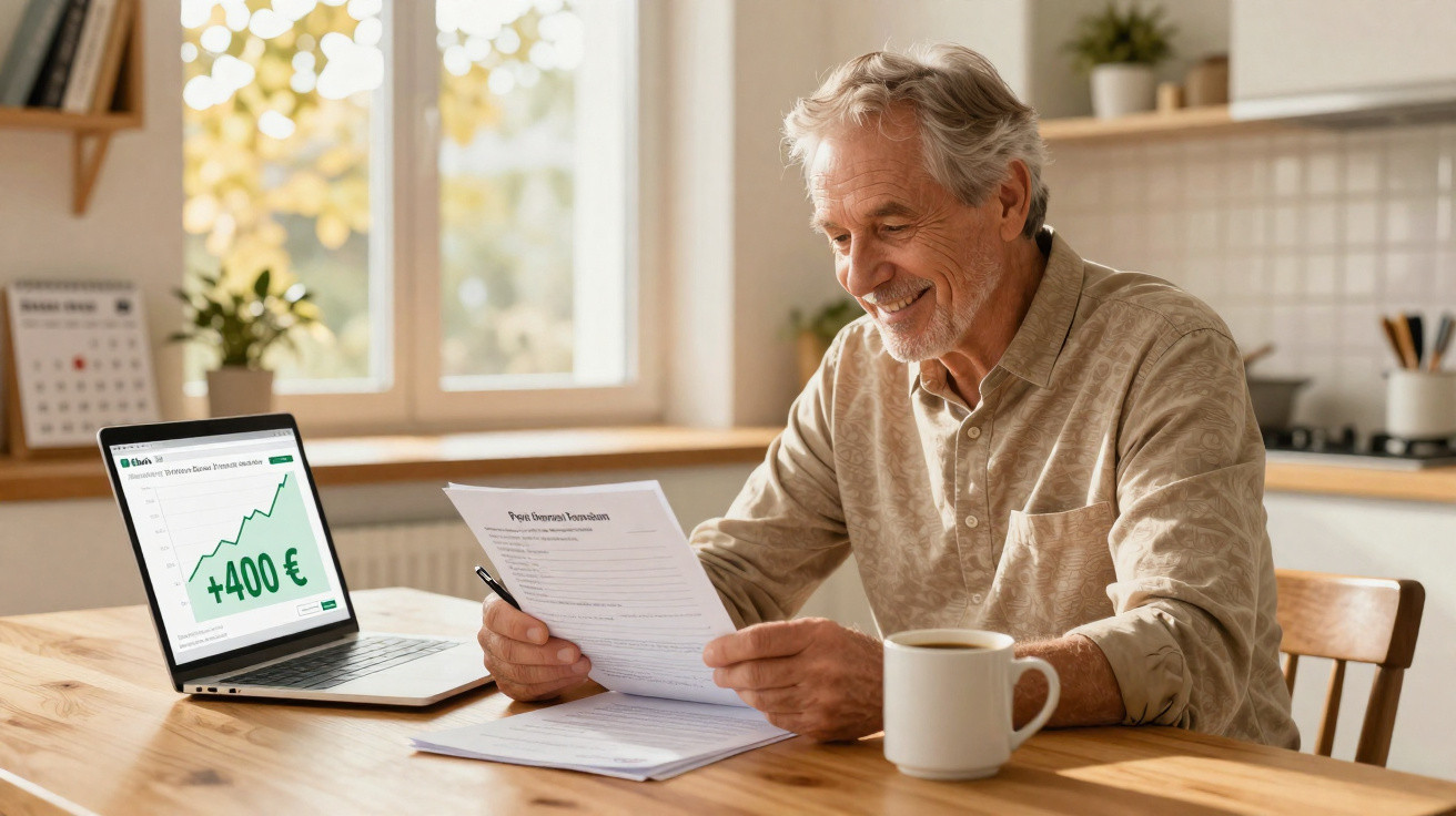 Homem sénior feliz a consultar documento de rendimento com gráfico positivo no portátil numa cozinha.