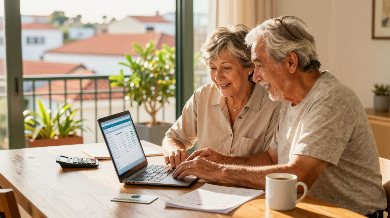Casal sénior sentado à mesa a consultar informações financeiras num computador portátil em casa.