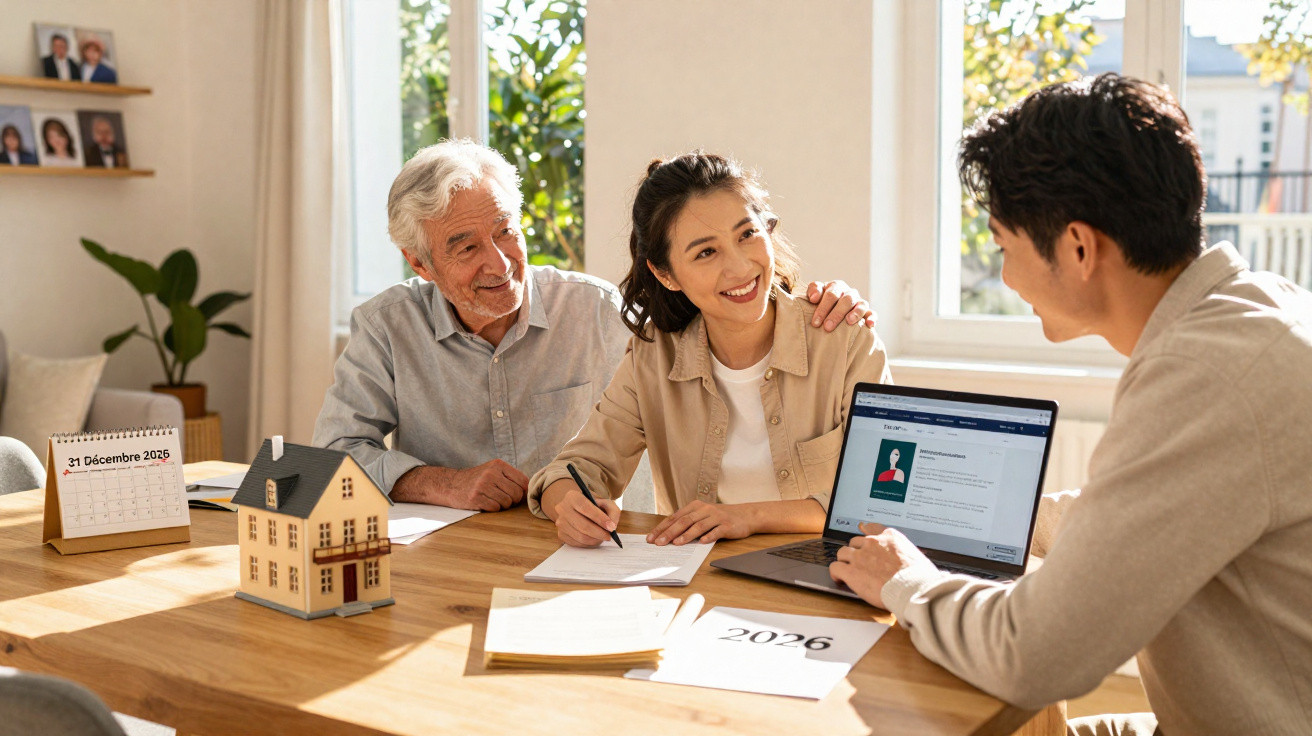 Casal e agente imobiliário conversam sobre compra de casa, com documentos e maquete numa mesa iluminada pela janela.