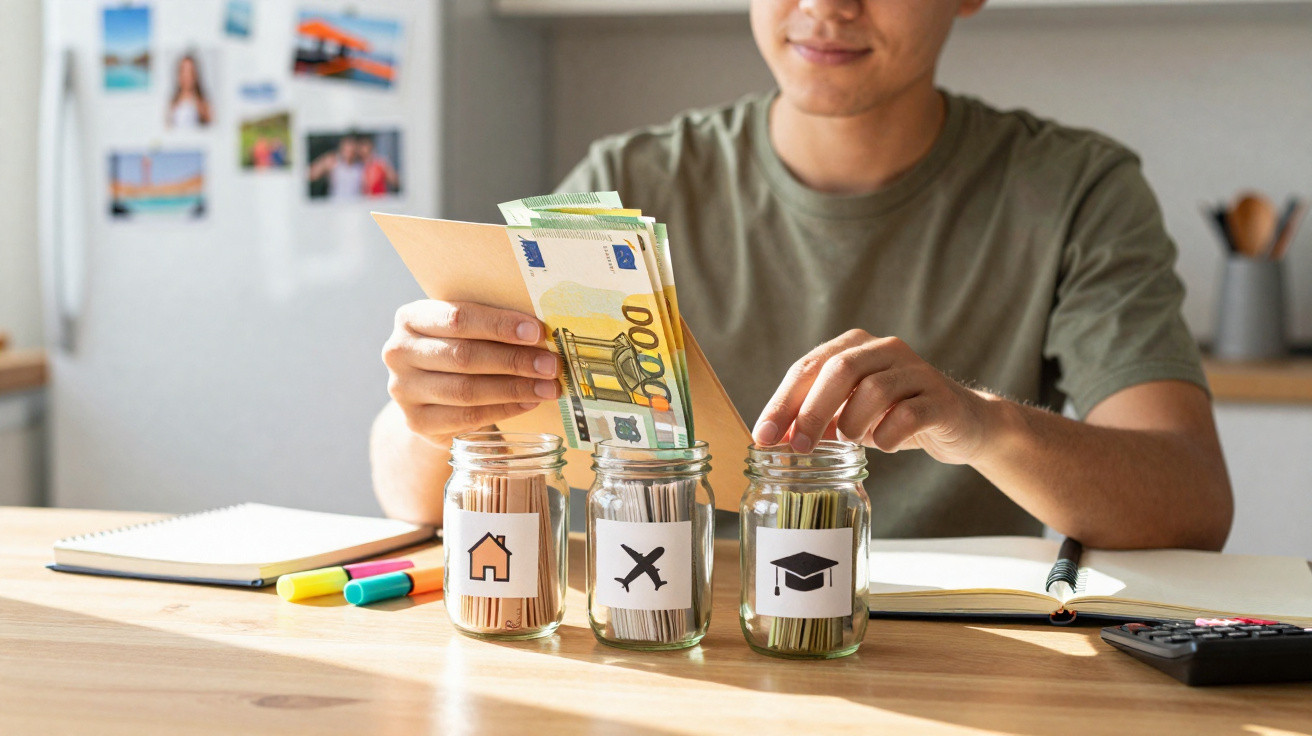 Pessoa a organizar dinheiro em envelopes, com três frascos etiquetados para metas: casa, viagem e educação.