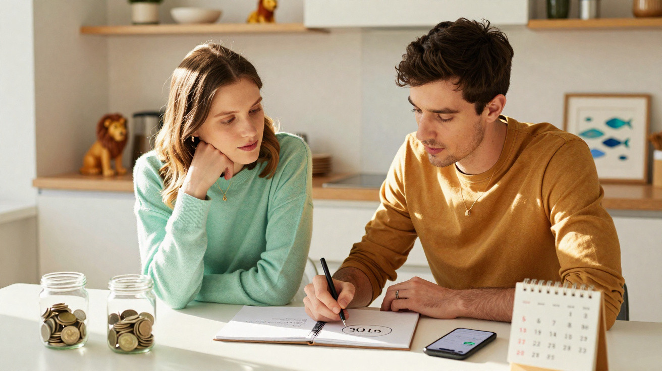 Casal jovem a planear finanças com moedas, calendário e notas numa mesa iluminada pela luz natural.