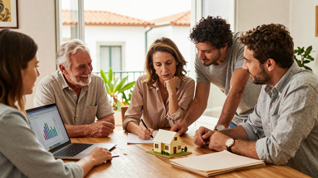 Cinco pessoas discutem documentação à volta de uma mesa com maquete de casa e computador com gráficos.