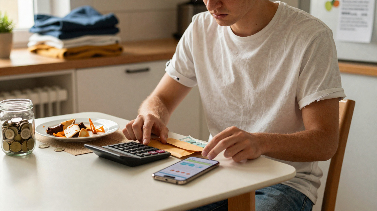 Homem a calcular despesas com calculadora e smartphone numa mesa com notas e moedas.