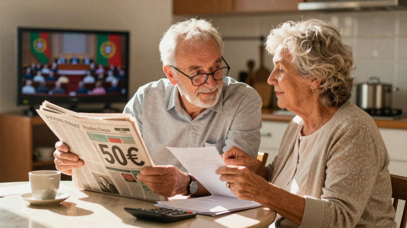 Casal sénior sentado à mesa da cozinha a analisar documentos e a ler o jornal juntos.