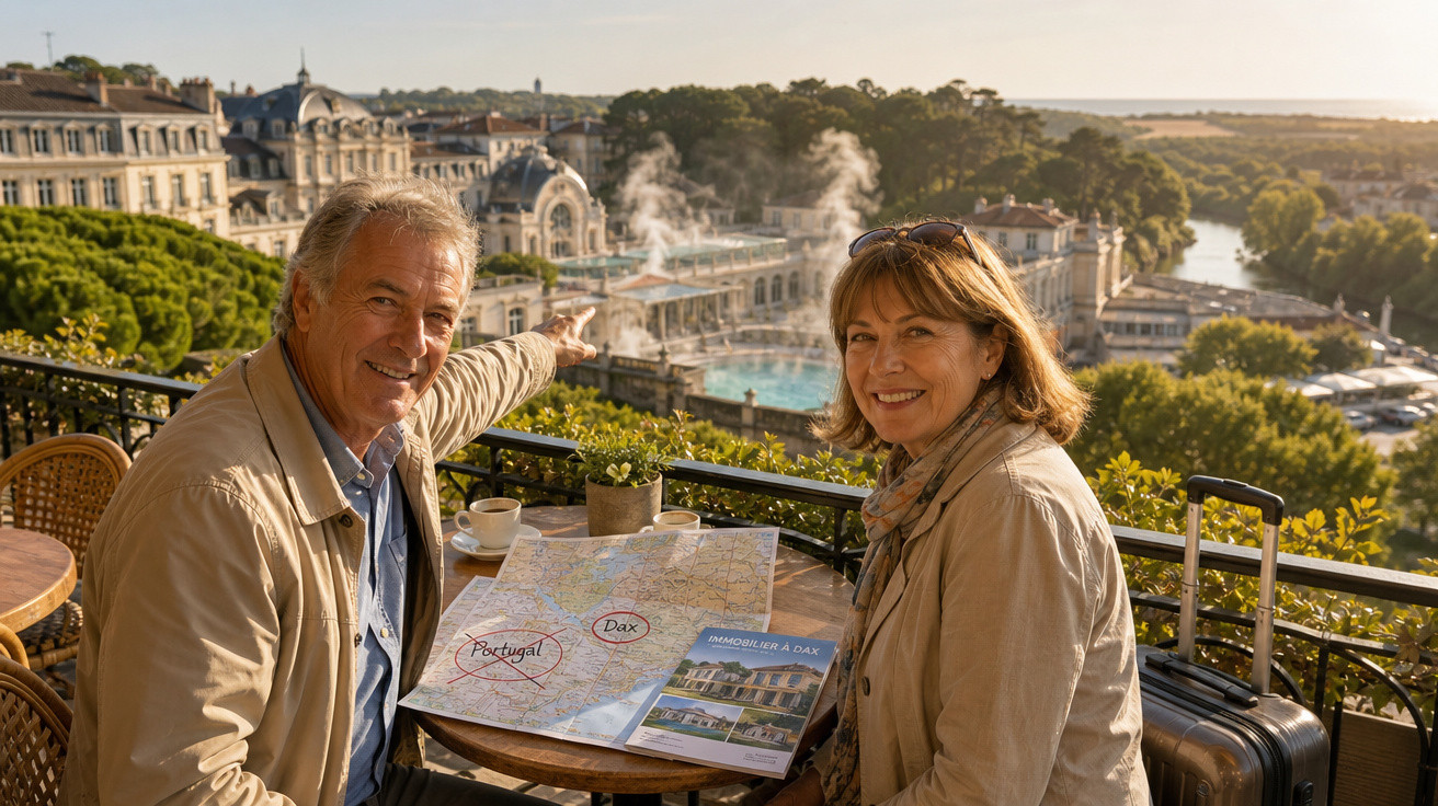 Casal sénior numa esplanada, com mapa e mala, aponta para termas numa cidade com edifícios históricos ao fundo.