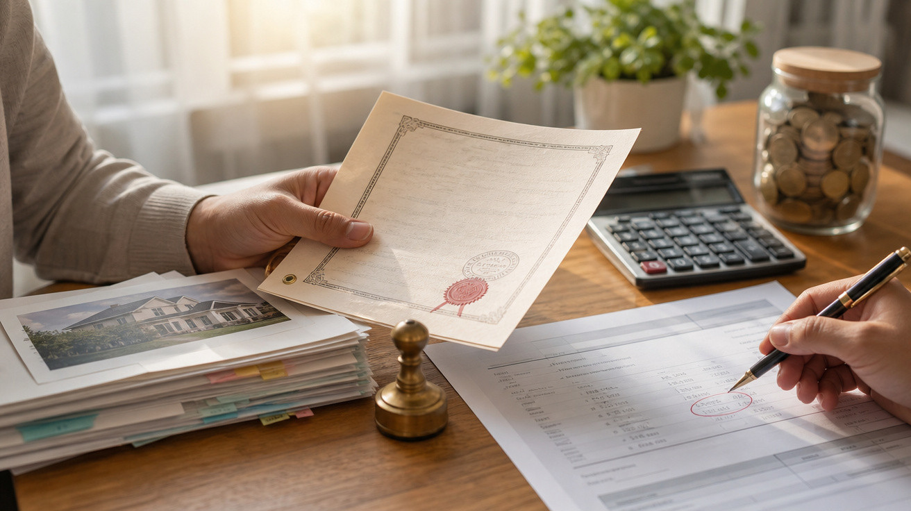 Documento imobiliário com selo vermelho, carimbo e assinatura, ao lado de calculadora e tinteiro com moedas.