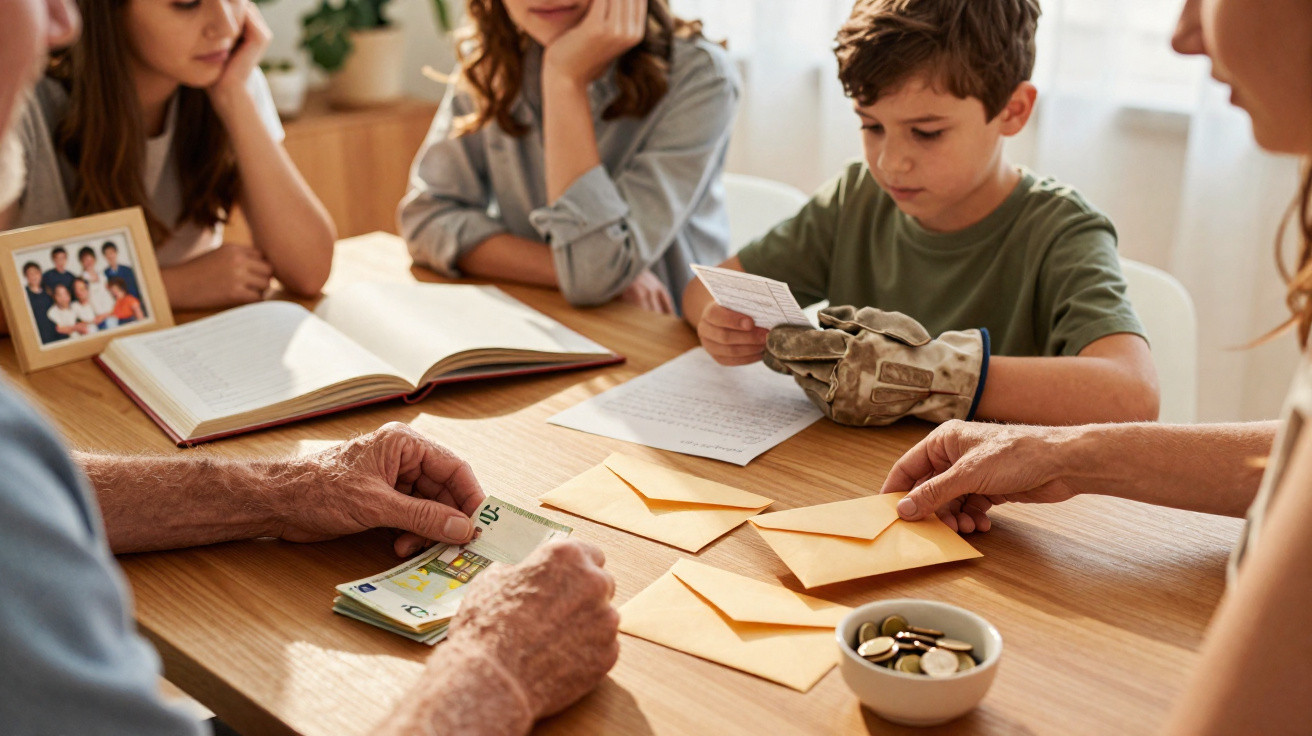 Família reunida à mesa distribuindo cartas, dinheiro e moedas durante atividade conjunta.