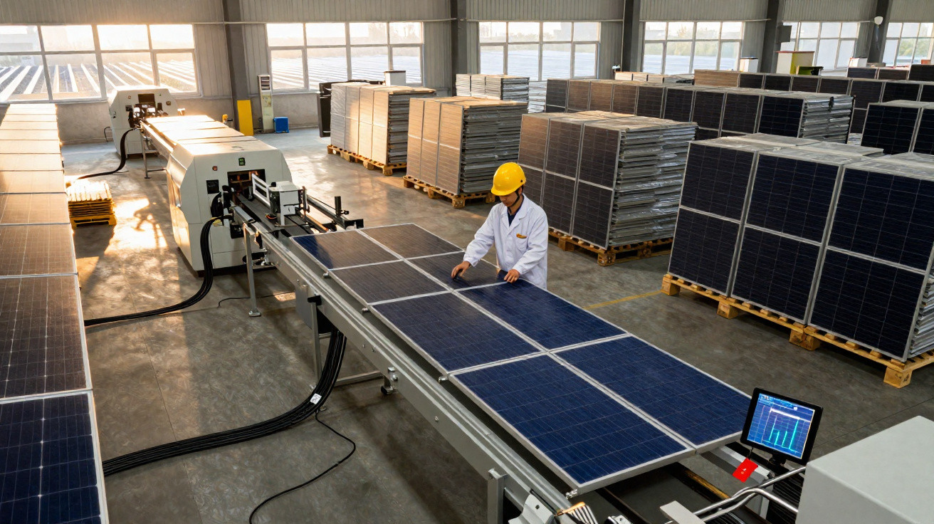 Funcionário com capacete amarelo inspeciona painéis solares numa linha de produção numa fábrica.