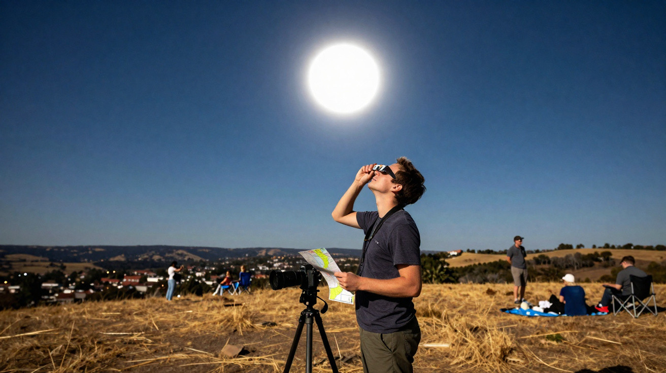 Homem observa eclipse solar com óculos especiais num campo seco, com câmaras em tripé e pessoas ao fundo.