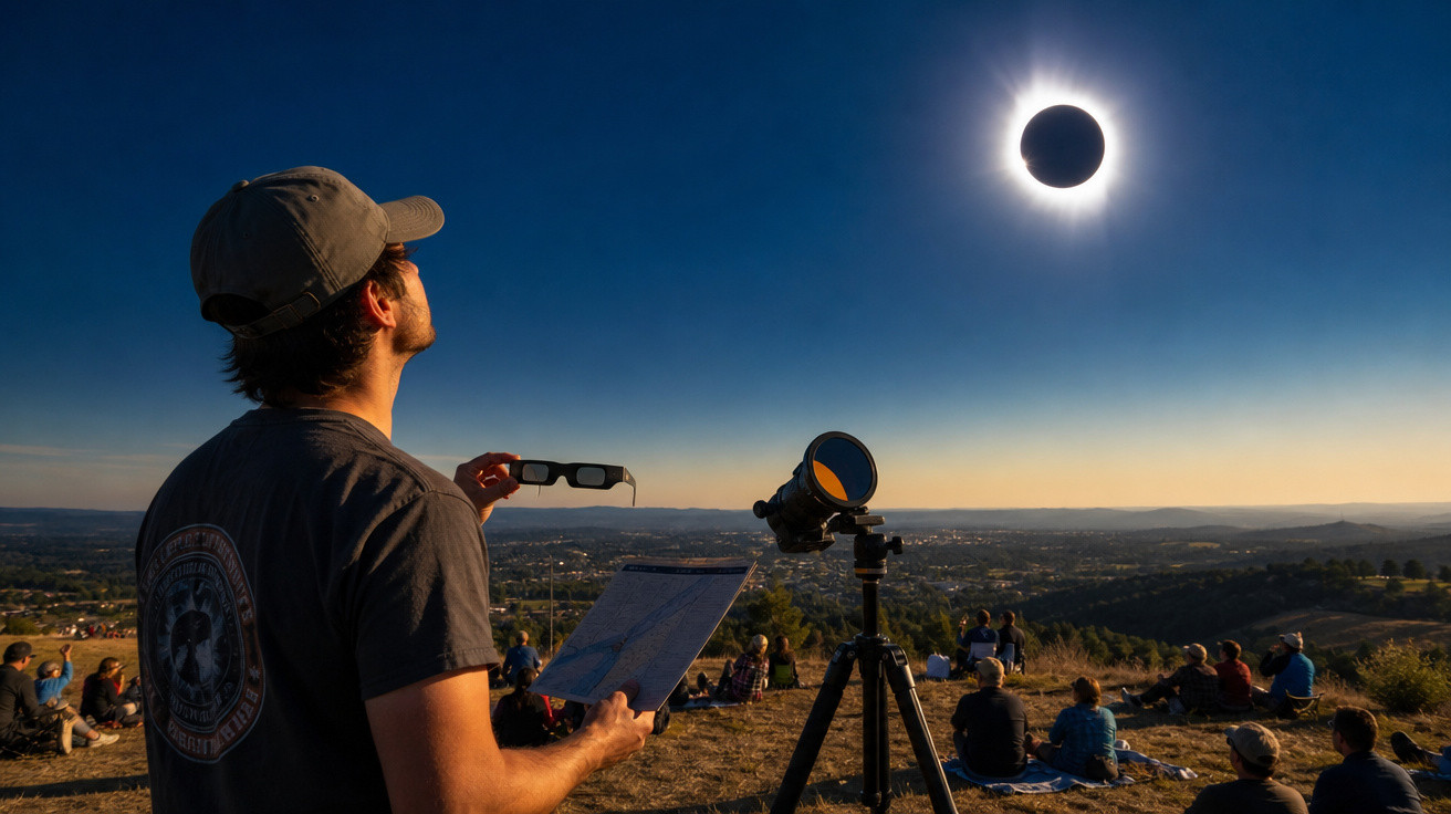 Pessoa observa eclipse solar total com óculos especiais e telescópio num espaço aberto com várias pessoas.