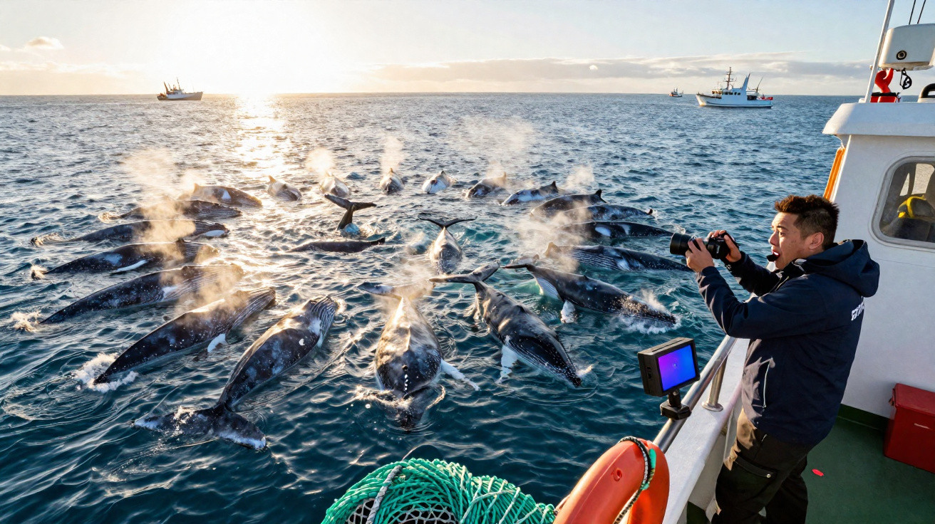 Homem fotografa grupo de baleias a respirar na superfície do mar ao lado de um barco ao pôr do sol.
