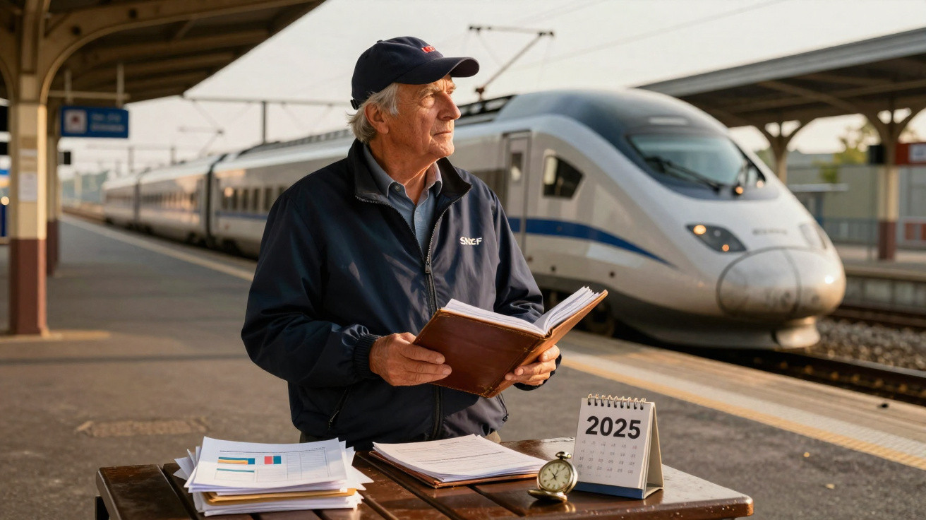 Homem idoso com uniforme da SNCF lendo livro numa estação, com comboio de alta velocidade ao fundo.