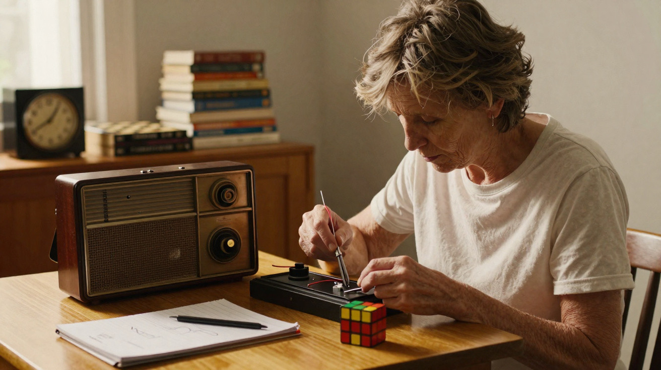 Idosa concentra-se a trabalhar num dispositivo eletrónico com ferramentas numa mesa com rádio antigo, bloco e cubo mágico.