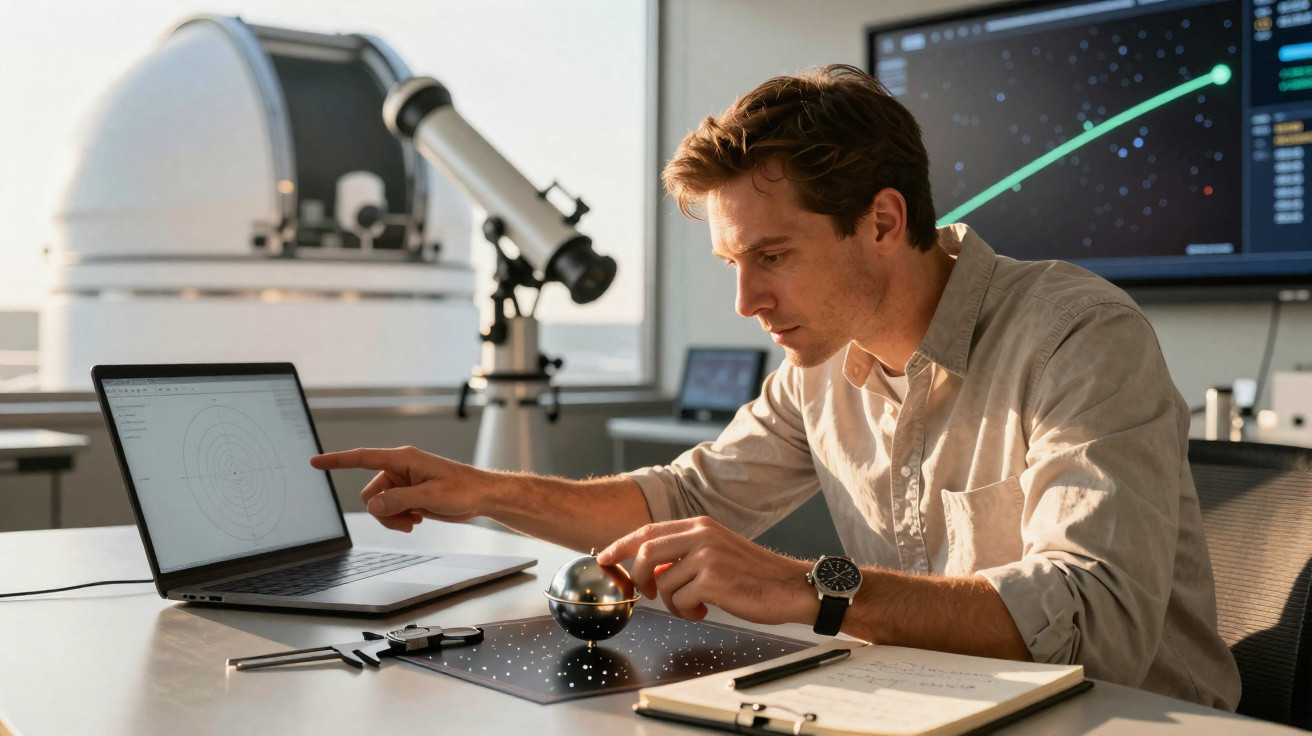 Homem a estudar astronomia com laptop, modelo do sistema solar e gráficos digitais em escritório moderno.