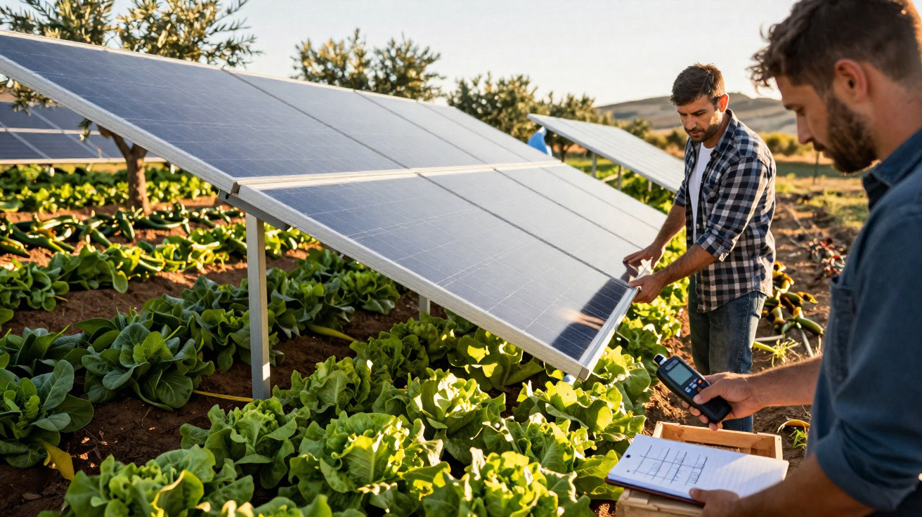 Dois homens verificam painéis solares instalados numa plantação de alface ao pôr do sol.