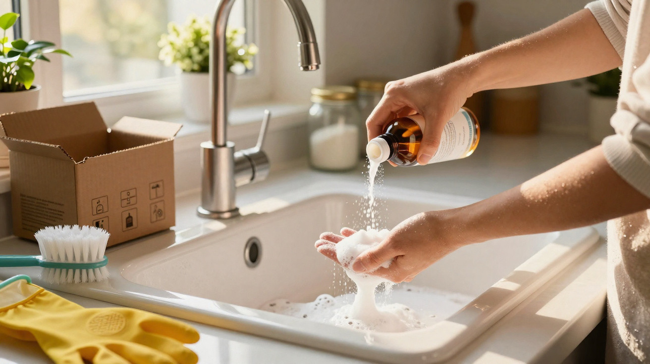 Pessoa a deitar detergente nas mãos sobre lava-loiças com espuma, ao lado de luvas e escova de limpeza.