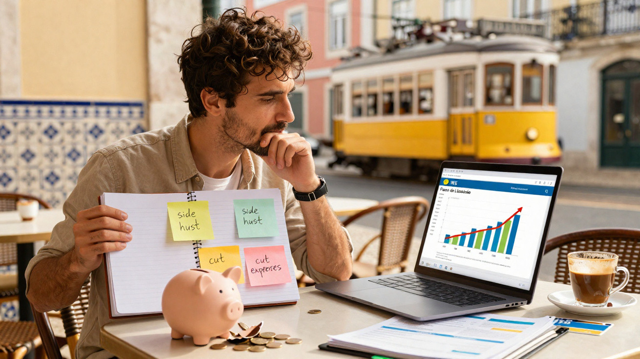 Homem sentado numa esplanada com gráfico financeiro, caderno com notas e mealheiro em forma de porquinho.
