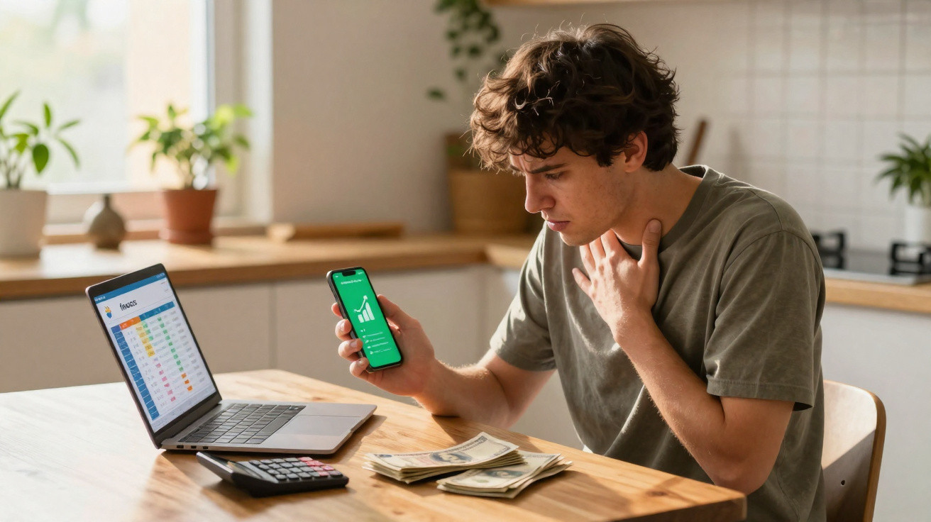Homem preocupado a analisar finanças no telemóvel, com dinheiro, calculadora e portátil numa mesa.
