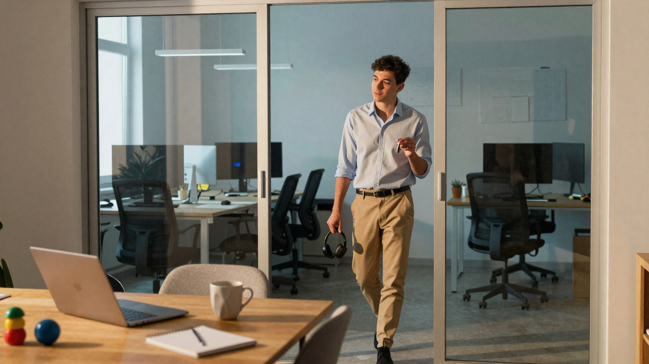 Homem de negócios a sair de uma sala de reuniões numa empresa moderna, segurando auscultadores e uma caneta.