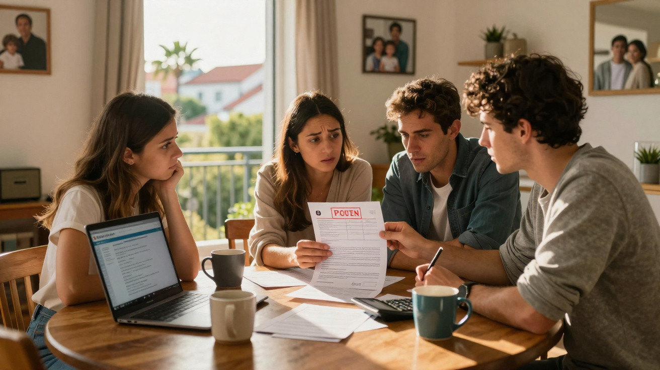 Grupo de quatro jovens sentados à mesa preocupados a analisar documentos numa casa iluminada a luz natural.