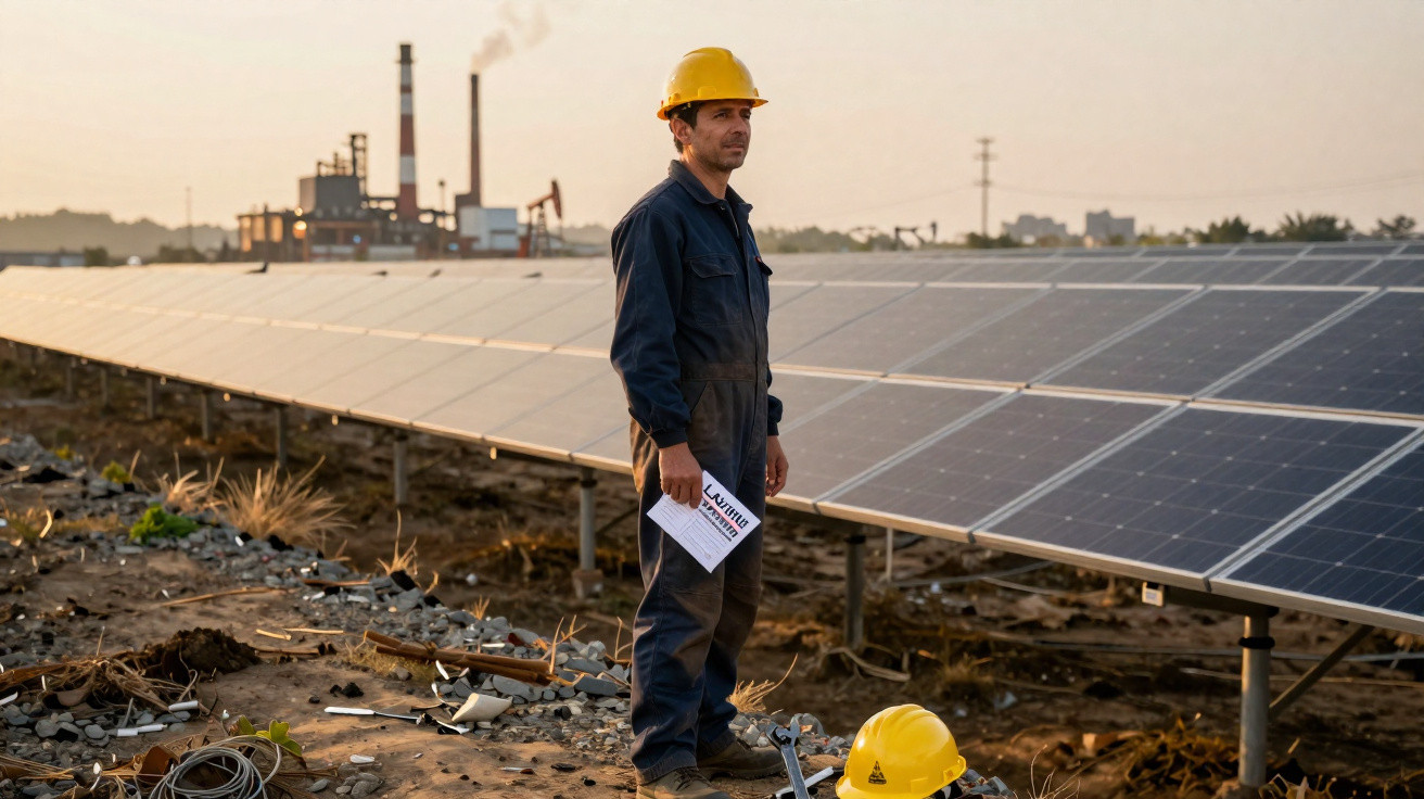 Homem com capacete amarelo e fato de trabalho junto a painéis solares, com fábrica ao fundo ao entardecer.