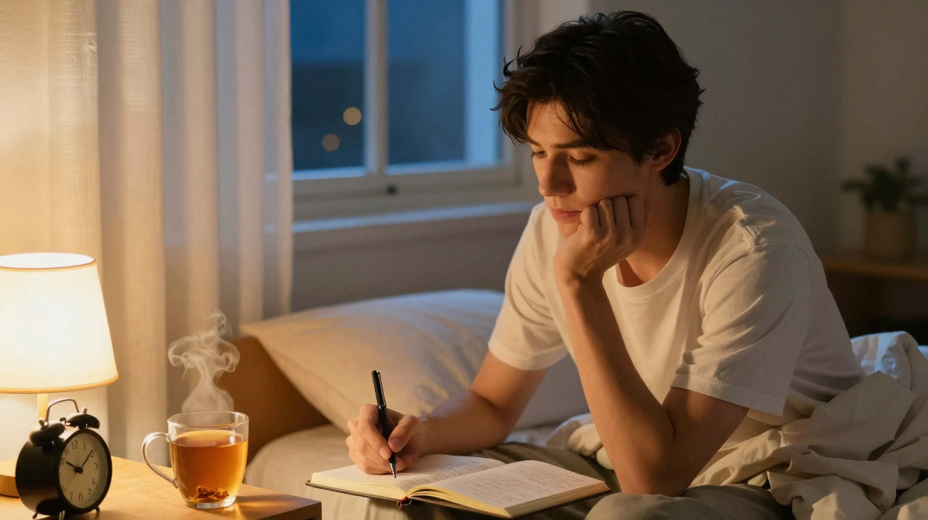Jovem sentado na cama a escrever num caderno com chá quente e relógio numa mesa ao lado.