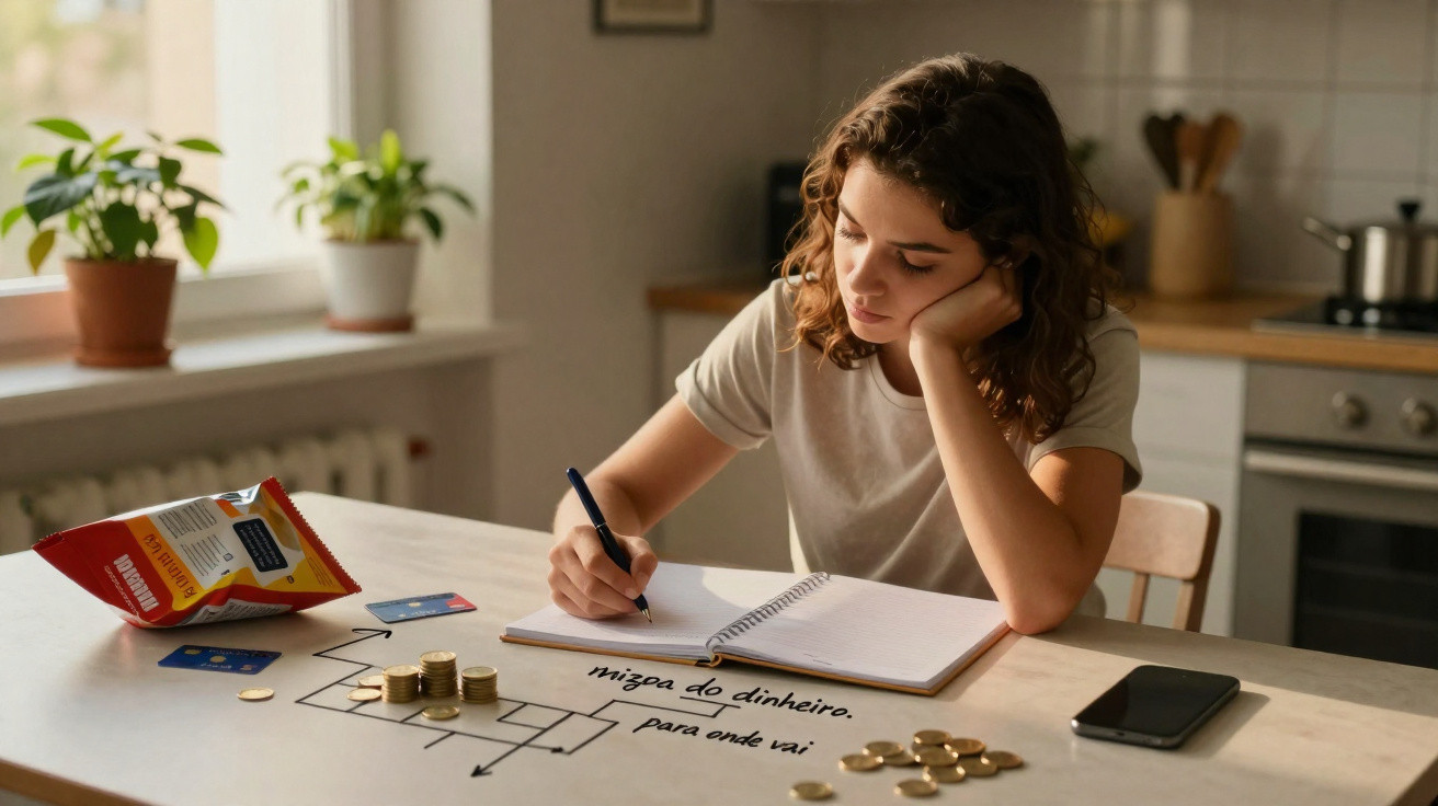 Jovem sentada à mesa a escrever num caderno com moedas e cartões, planeando o fluxo de dinheiro.