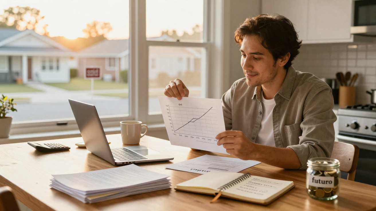 Homem jovem analisa gráfico financeiro numa mesa com computador, caderno, calculadora e frasco com moedas.