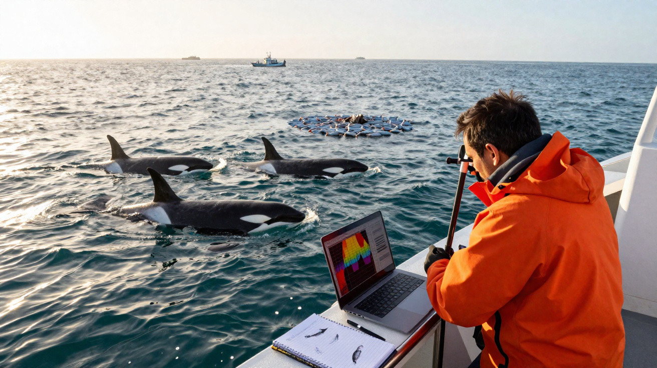Homem em barco observa três orcas na água com notebook e caderno para estudo científico marinho.
