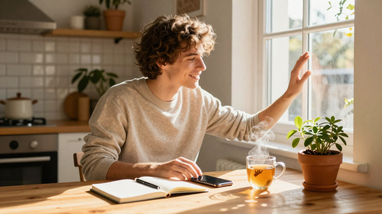 Jovem sentado à mesa na cozinha, sorrindo e olhando pela janela com chá quente ao lado.