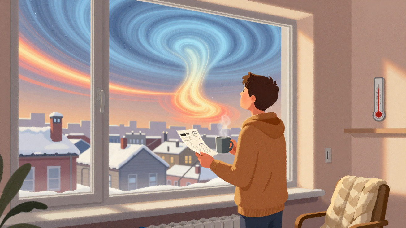 Jovem de camisola castanha observa o céu estranho com redemoinho colorido a partir da janela de casa no inverno.