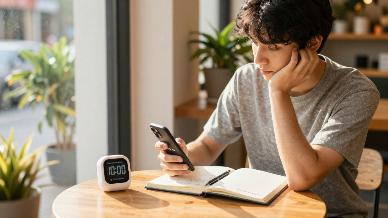 Jovem sentado a uma mesa com caderno aberto, a olhar para o telemóvel, com um relógio digital próximo.