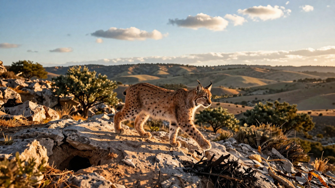 Lince ibérico a caminhar sobre rochas com paisagem de colinas e árvores ao fundo ao pôr do sol.