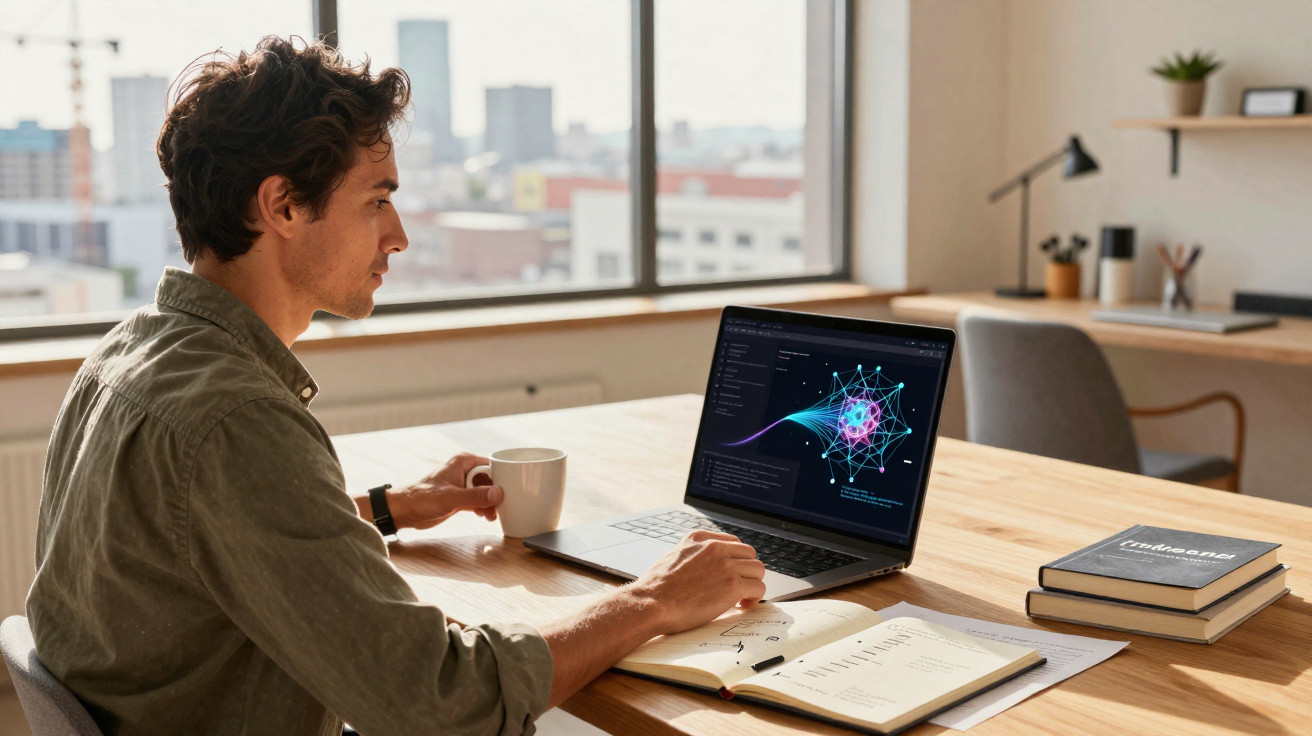 Homem sentado à mesa a usar computador portátil com gráficos e a segurar caneca numa sala com vista para a cidade.